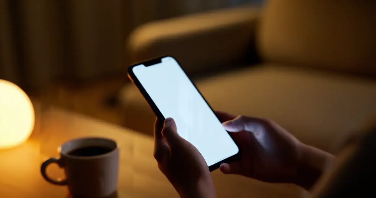 Henkilö seuraa kertoimia älypuhelimella illalla olohuoneessa