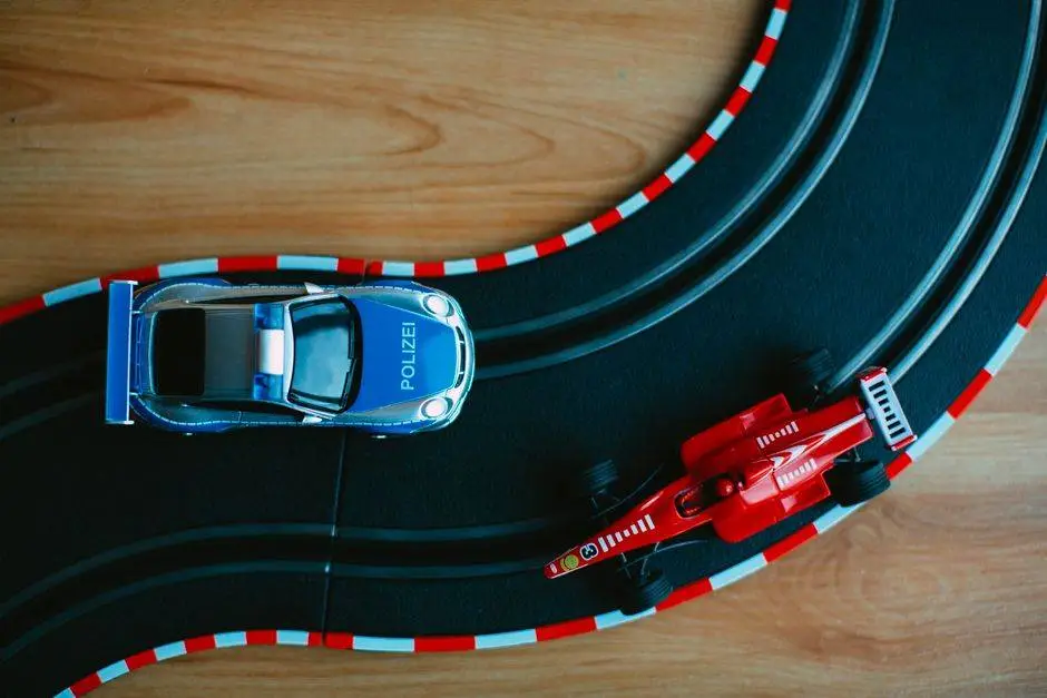 Colorful toy cars on a racing track, a perfect depiction of childhood fun and imagination.