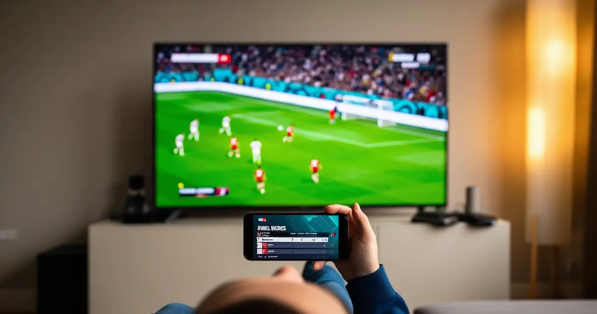 Henkilö seuraa jalkapallo-ottelua televisiosta ja pelaa online vedonlyöntiä puhelimella