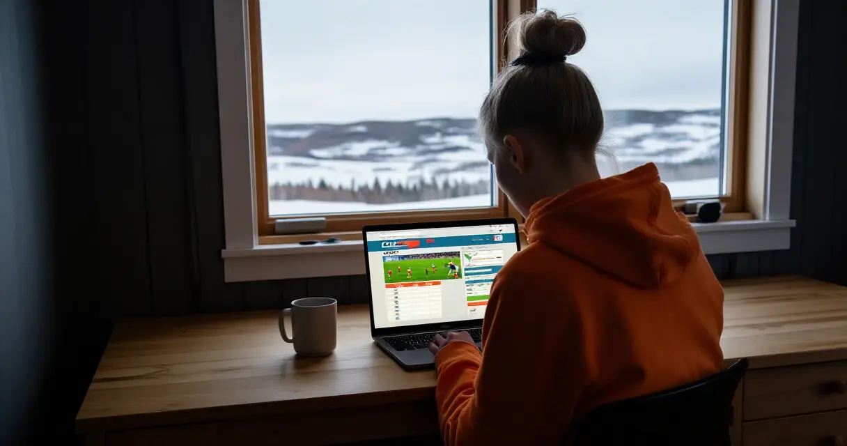 Suomalainen henkilö tekee vedonlyöntiä läppärillä kotonaan talvimaiseman äärellä