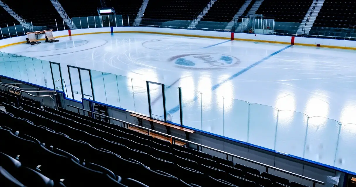 NHL-j&auml;&auml;halli tyhj&auml; kentt&auml; j&auml;&auml;pinta heijastaa valoakin areenan valot