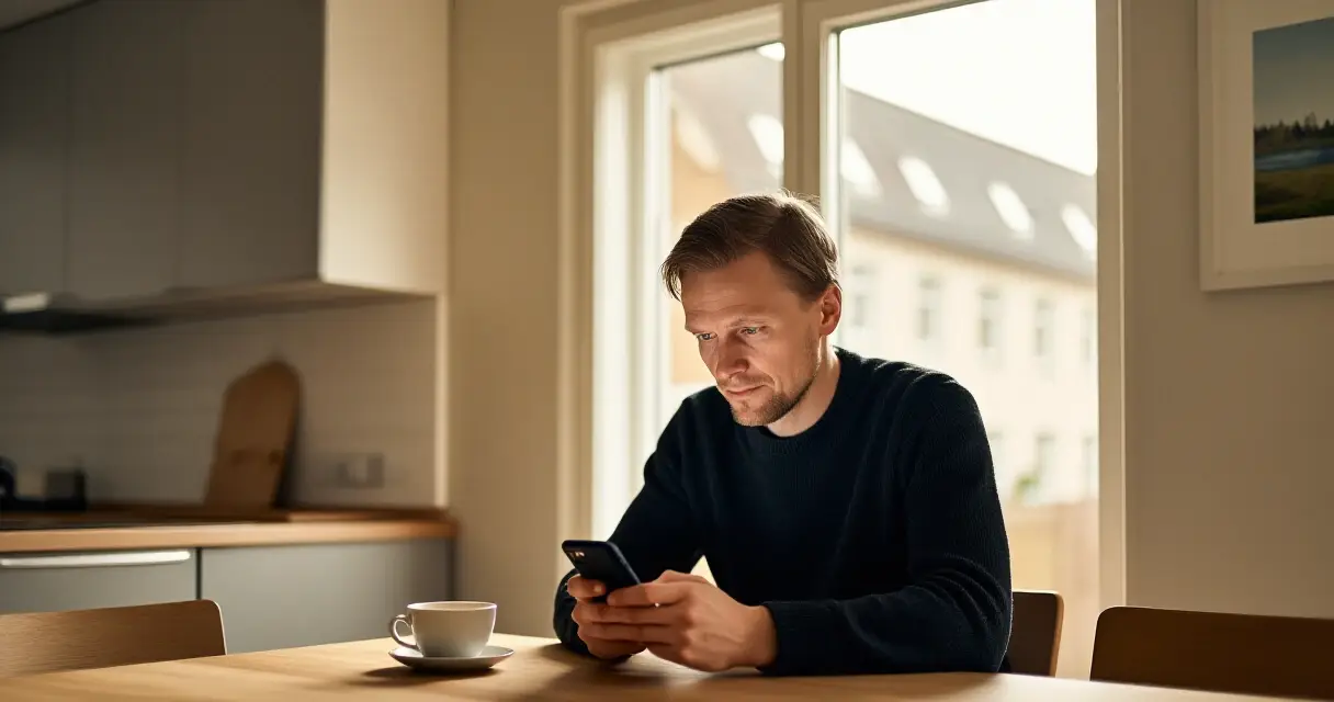 Suomalainen mies käyttää vedonlyöntipalvelua älypuhelimella kotona aamuauringossa