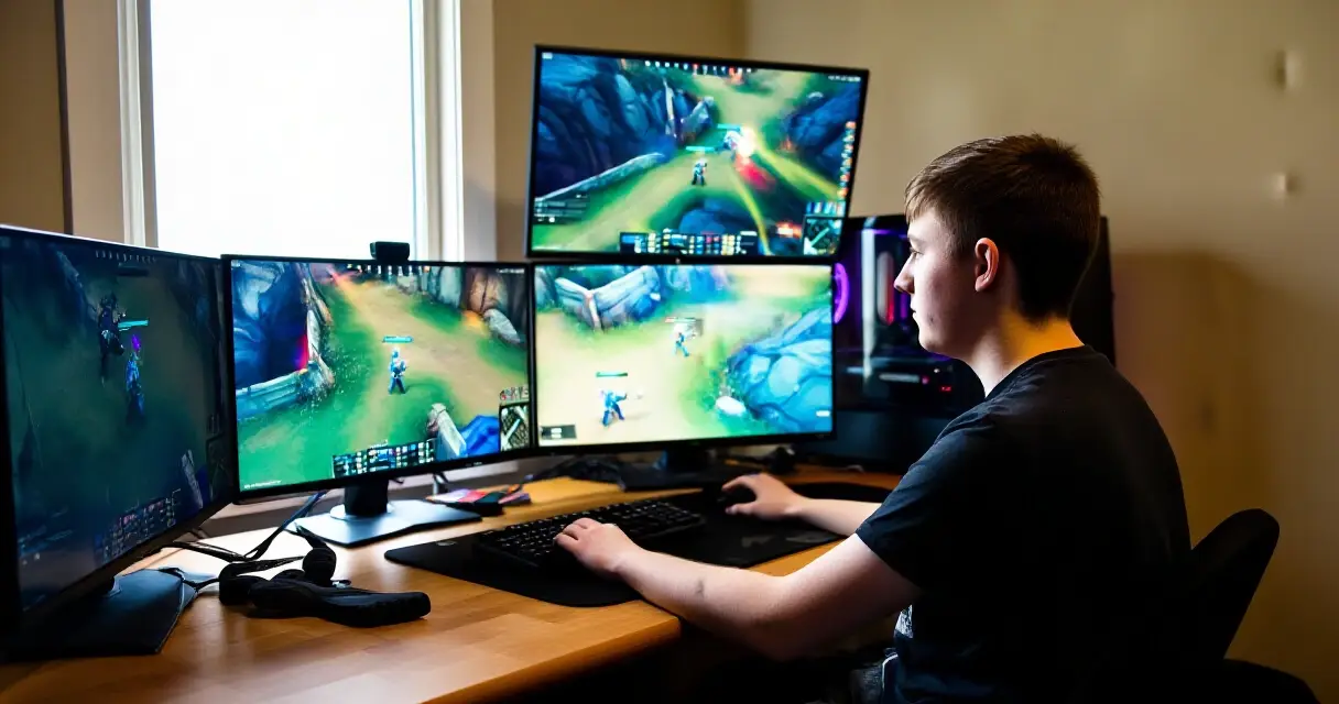E-urheilupelaaja seuraa kilpailutapahtumaa monitoreilta, luonnollinen valaistus