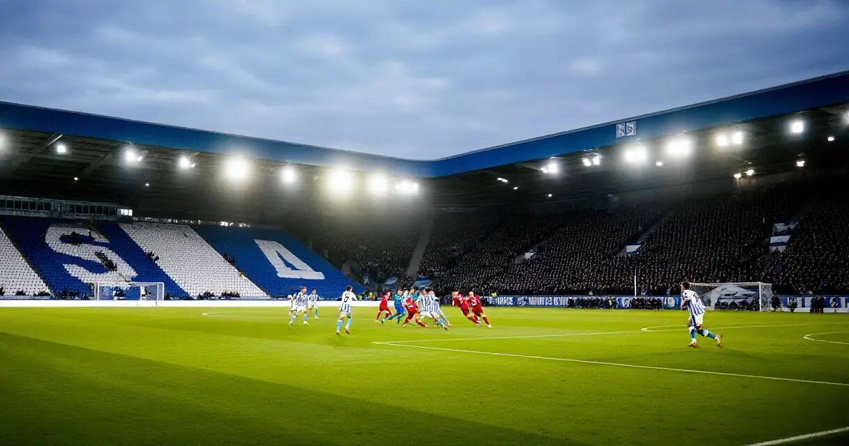 Jalkapalloottelu pohjoiseurooppalaisessa stadionissa, kahden joukkueen kohtaaminen illalla