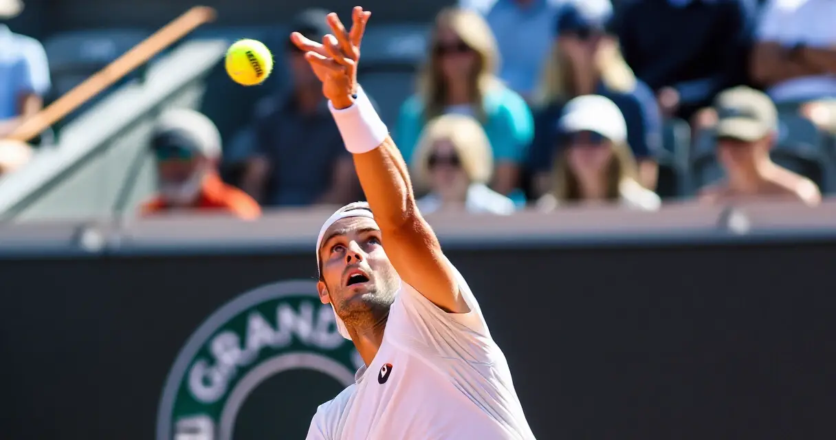 Tennispelaaja syöttämässä clay-kentällä Grand Slam -turnauksessa